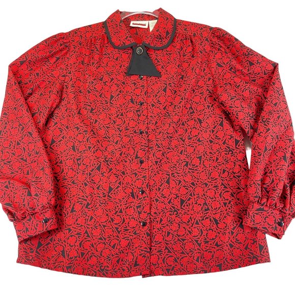 Vintage JUDY BOND Womens 12 Red Black Floral Scroll Button Up Long Sleeve Blouse - Picture 2 of 10